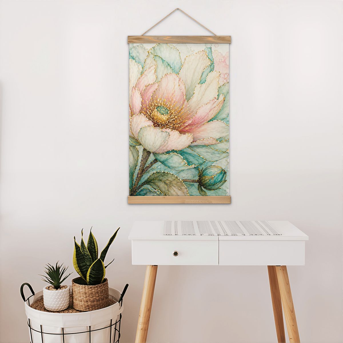 Linen Canvas Wall Art  Teal and Peach Flower