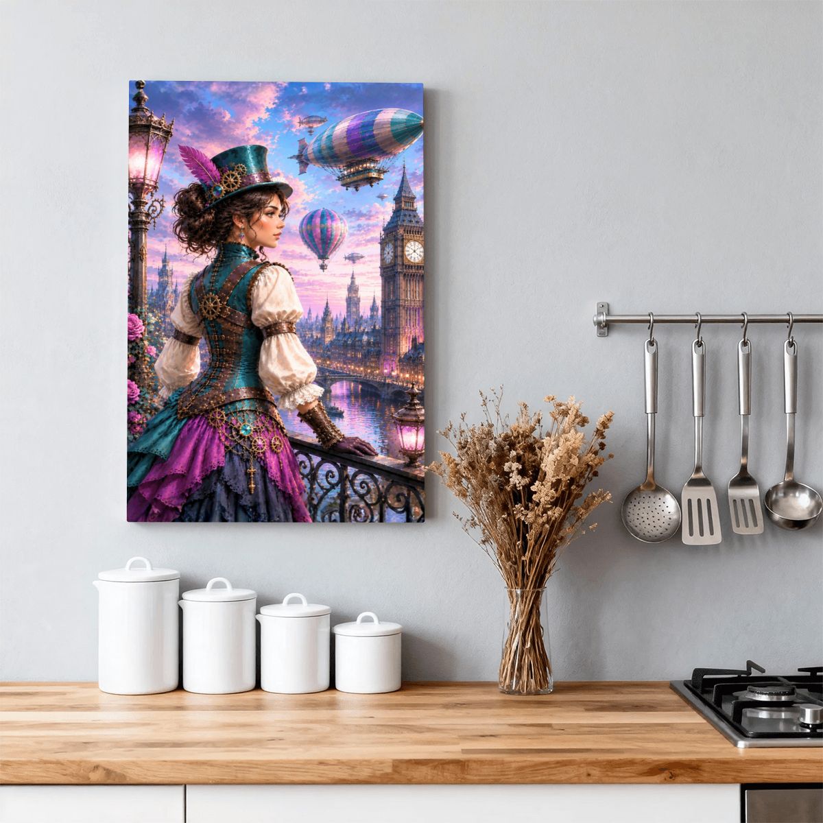Framed Canvas Painting Steampunk Harbor (Made in USA)