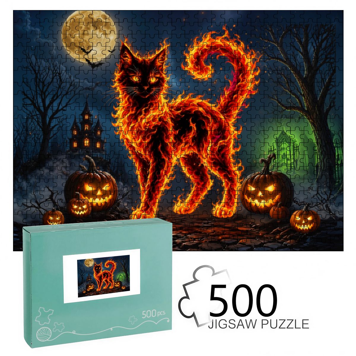 500pcs Wooden Jigsaw Puzzles (Made in USA) Halloween Cat Flames