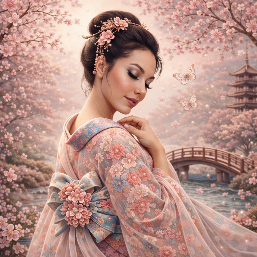 Diamond Art Kit 16x16 Diamond Painting Kit Japanese Geisha Pink Cherry Blossoms