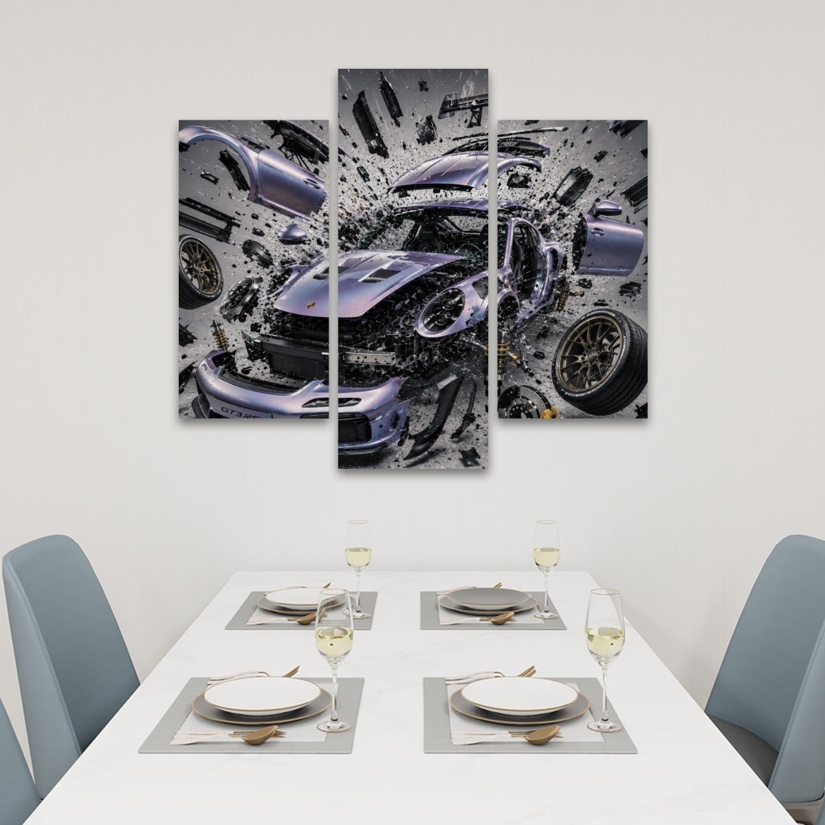 3 Panels Canvas Prints Wall Art Purple Shattered Porsche GT3 RS
