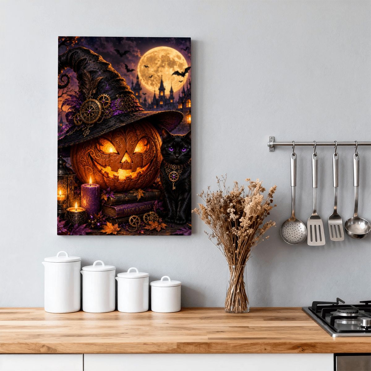 Framed Canvas Painting Halloween Night Pumpkin and Black Cat (Made in USA)