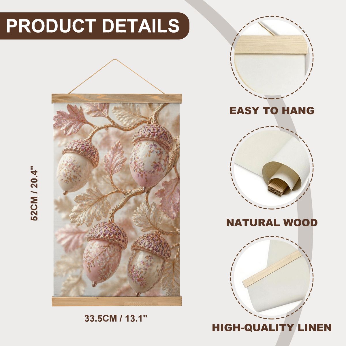 Linen Canvas Wall Art Fall Pink Acorns