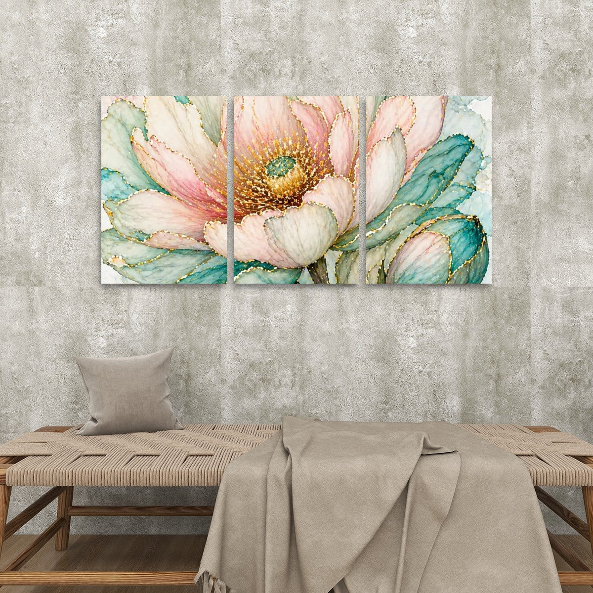 3 Panels Canvas Prints Wall Art Green Peach Flower