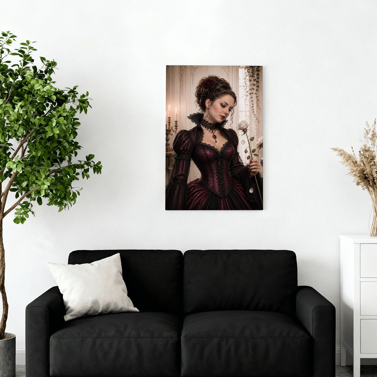 Framed Canvas Painting Gothic Victorian Woman with Rose Halloween (Made in USA)
