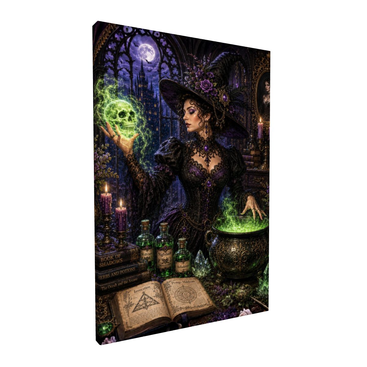 Framed Canvas Painting Halloween Witch and Skull Magic (Made in USA)