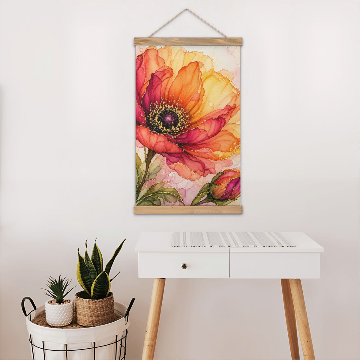 Linen Canvas Wall Art Orange Flower