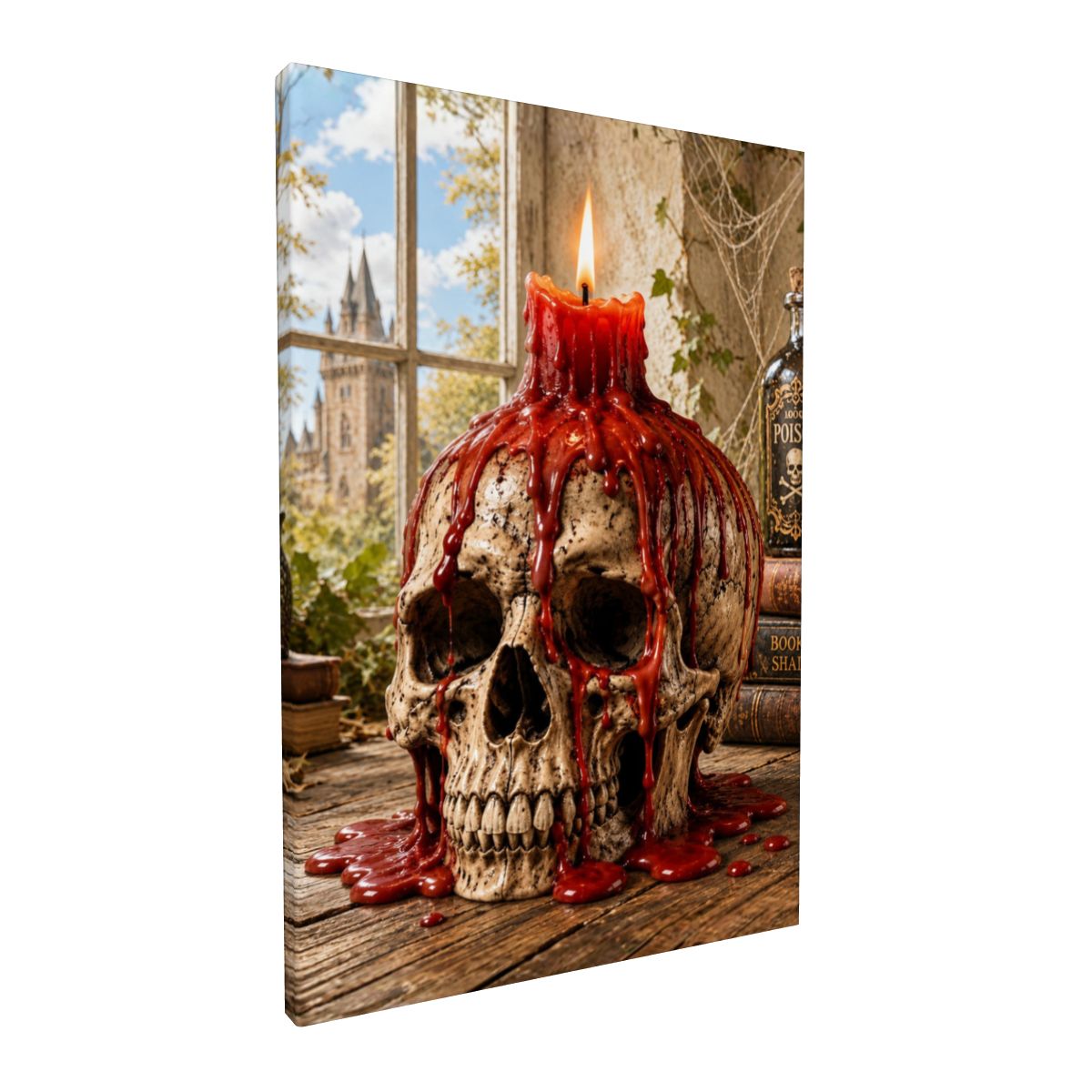 Framed Canvas Painting Halloween Skull with Candle (Made in USA)