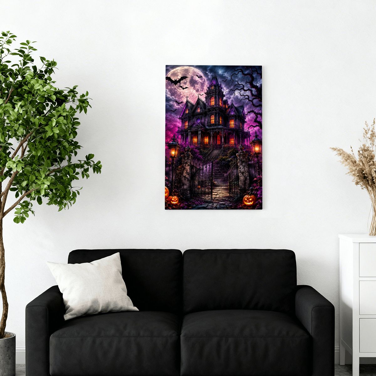 Framed Canvas Painting Halloween Haunted House (Made in USA)