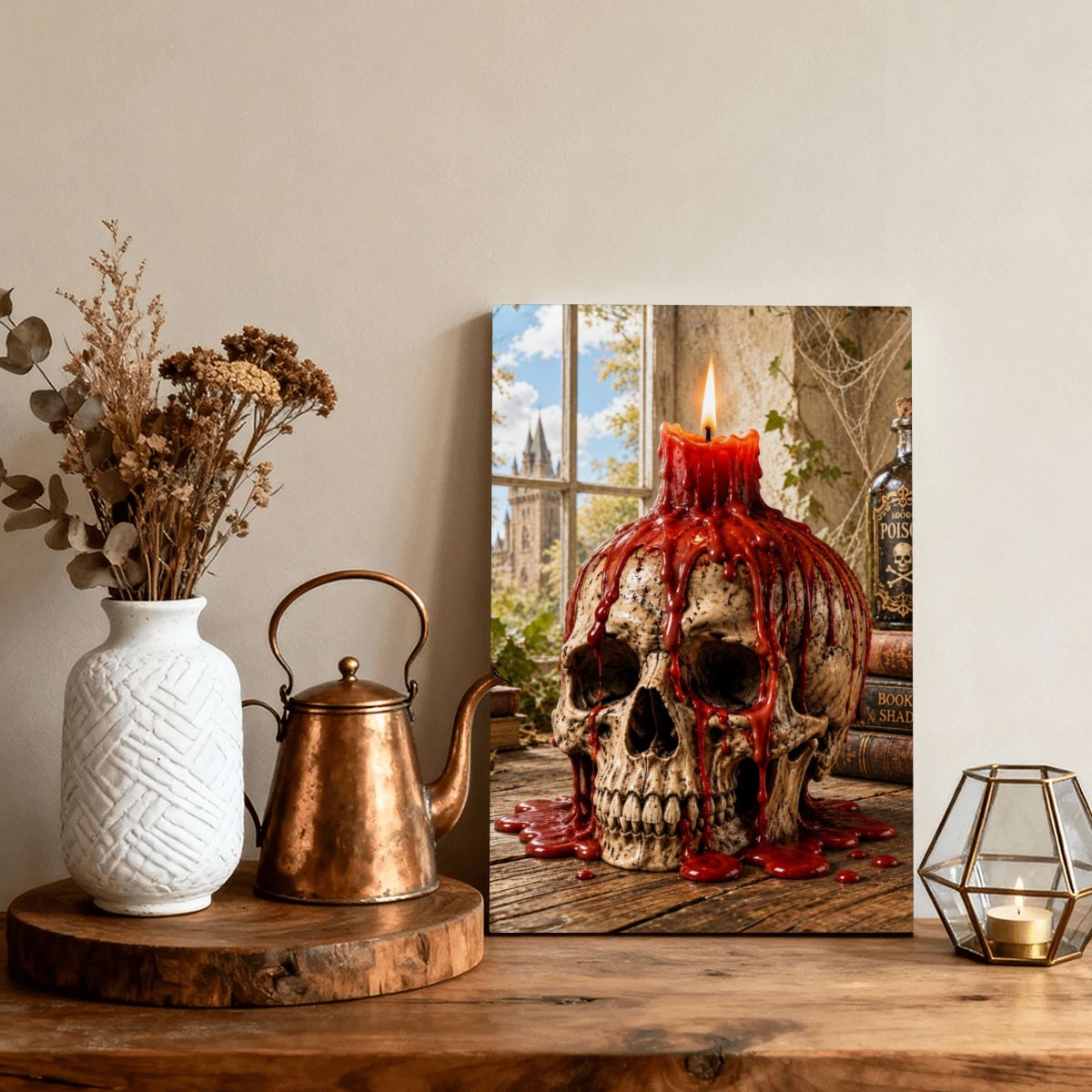 Framed Canvas Painting Halloween Skull with Candle (Made in USA)