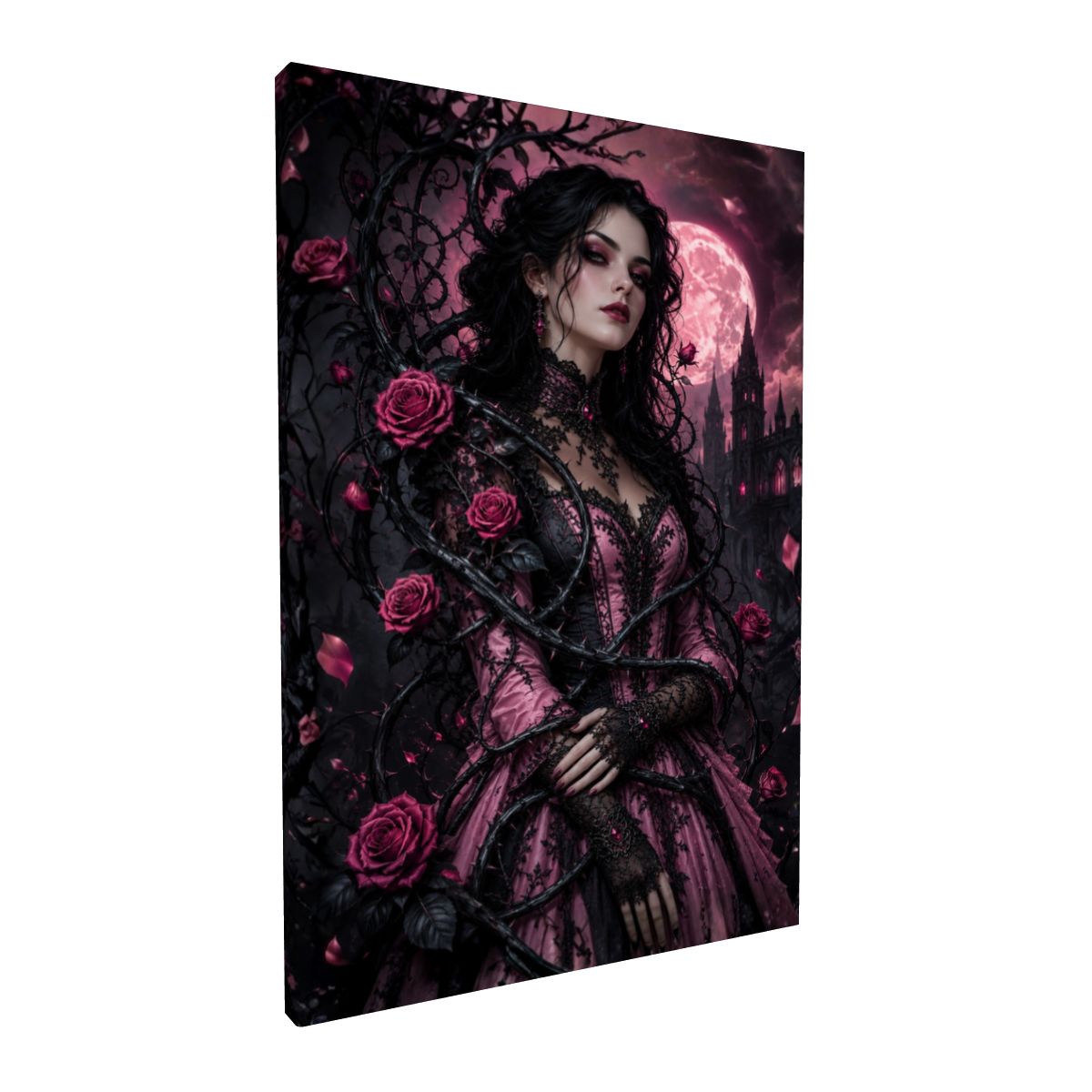Framed Canvas Painting Halloween Gothic Woman with Vine and Pink Roses (Made in USA)