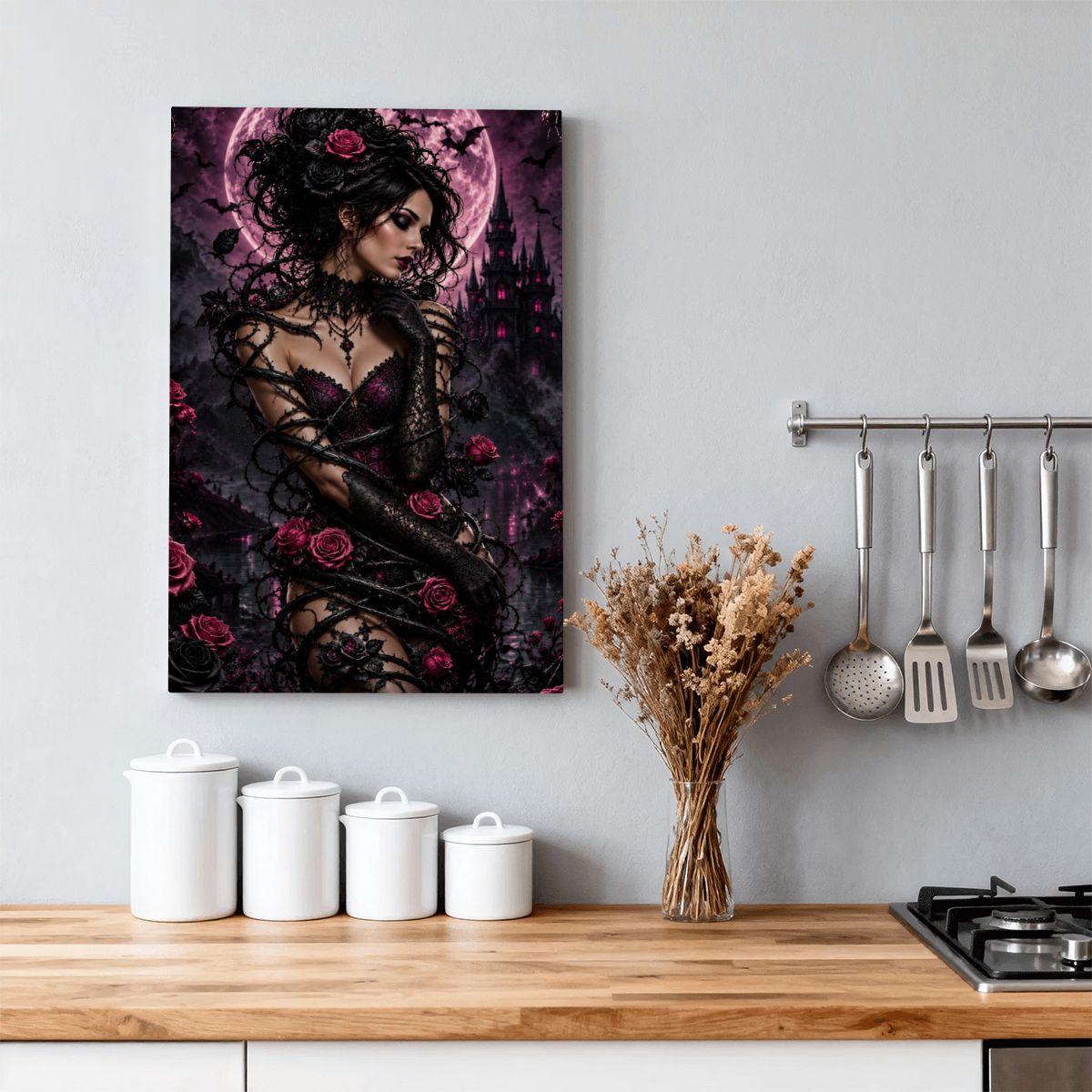 Framed Canvas Painting Halloween Gothic Woman with Vine and Purple Pink Roses (Made in USA)
