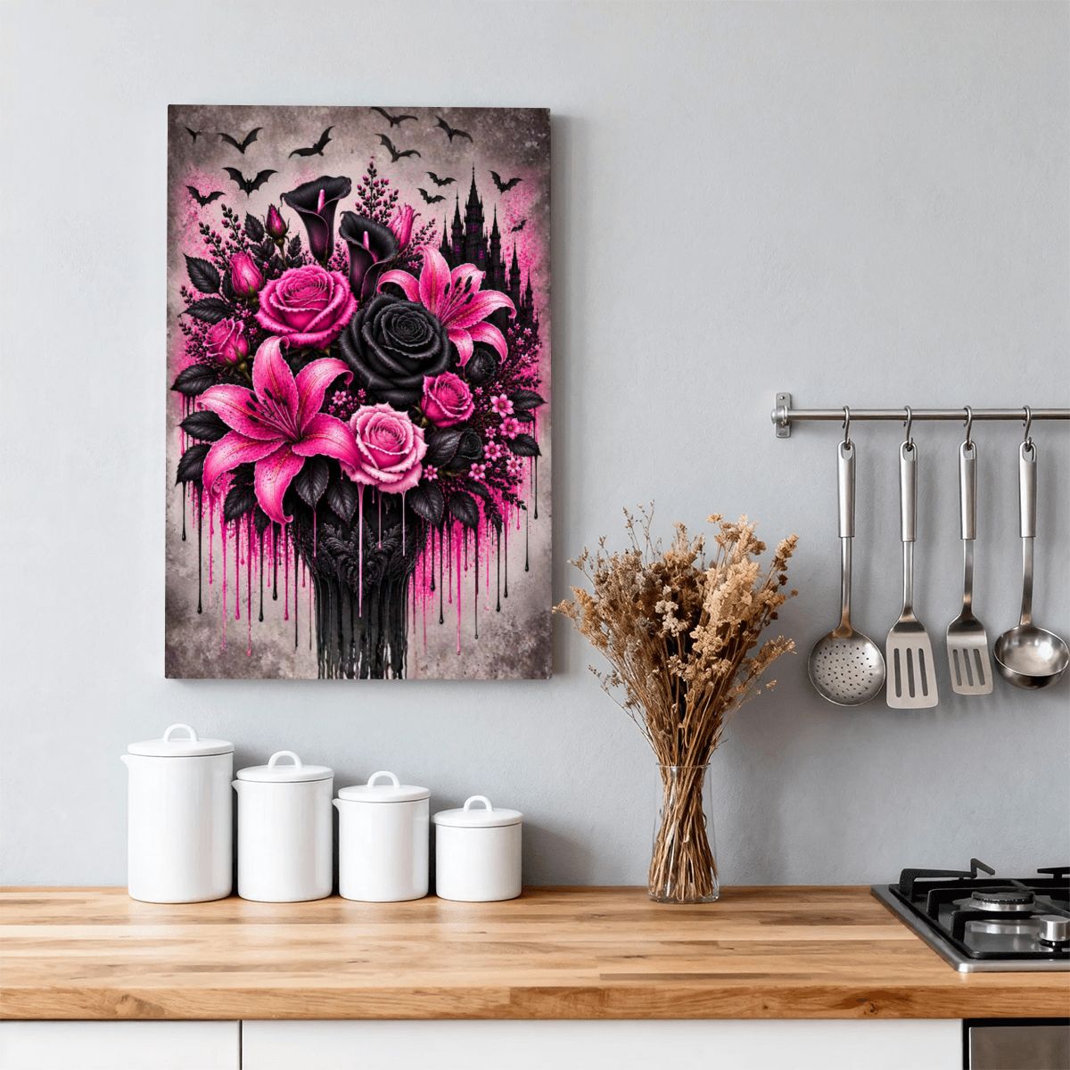 Framed Canvas Painting Pink Flower Bouquet (Made in USA)