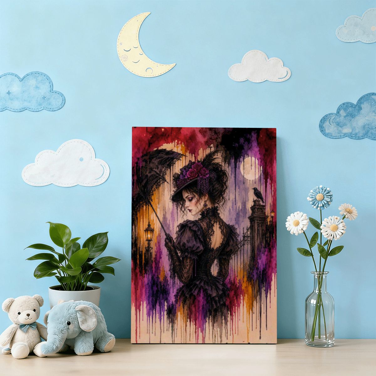 Framed Canvas Painting Victorian Drip Art Goth Rain (Made in USA)