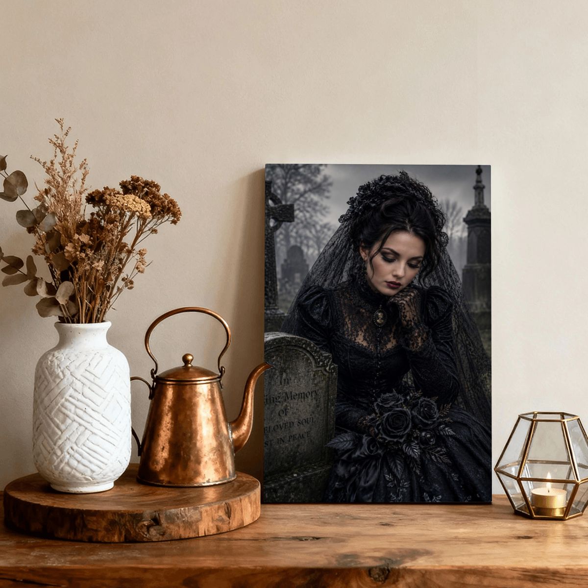 Framed Canvas Painting Gothic Victorian Halloween Woman at Grave Lost Love (Made in USA)