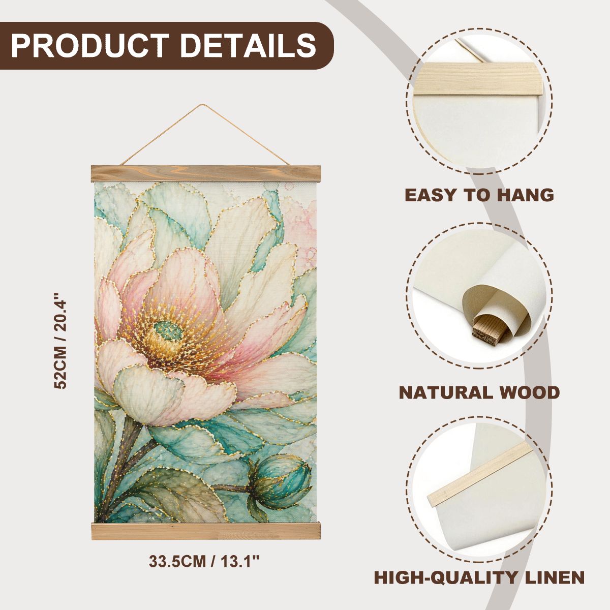 Linen Canvas Wall Art  Teal and Peach Flower