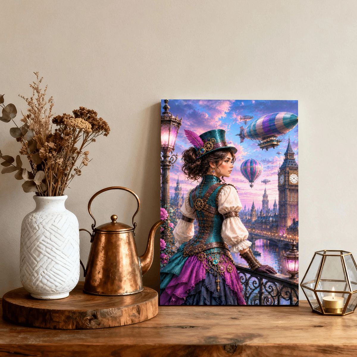 Framed Canvas Painting Steampunk Harbor (Made in USA)
