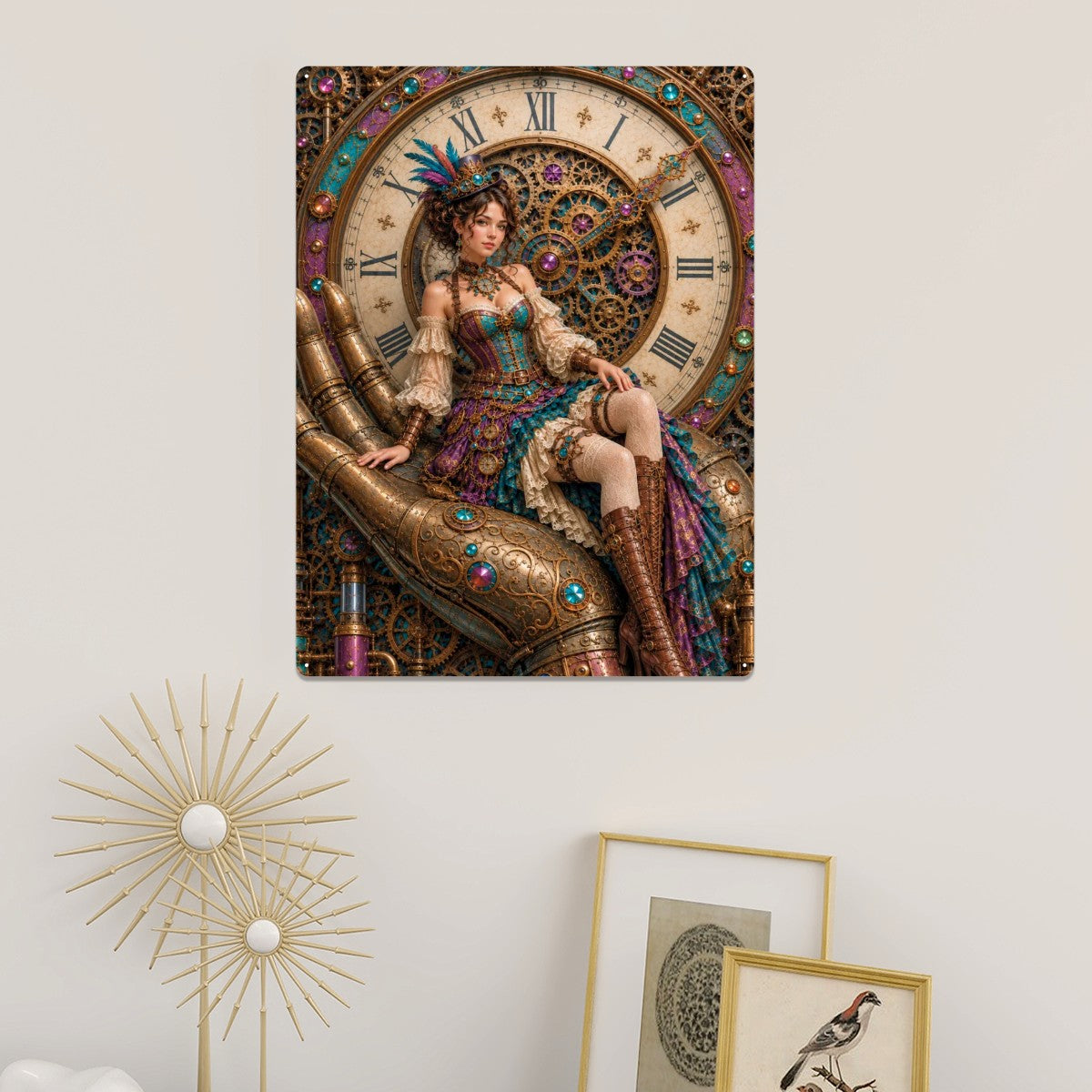Tin Sign Metal Sign Steampunk Woman Hand and Clock