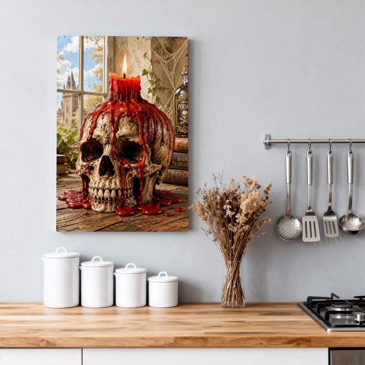 Framed Canvas Painting Halloween Skull with Candle (Made in USA)