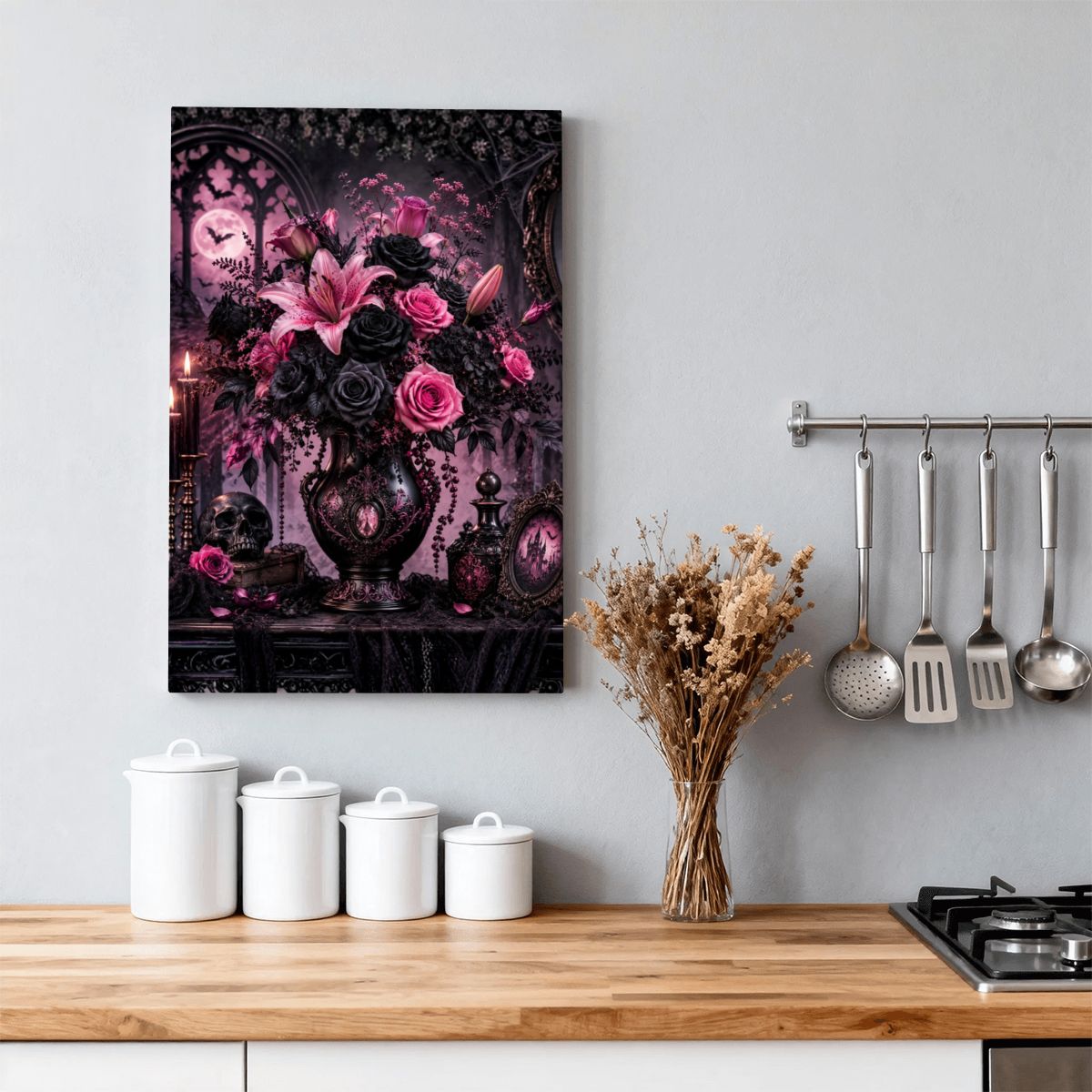 Framed Canvas Painting Halloween Pink Flower Bouquet Vase (Made in USA)