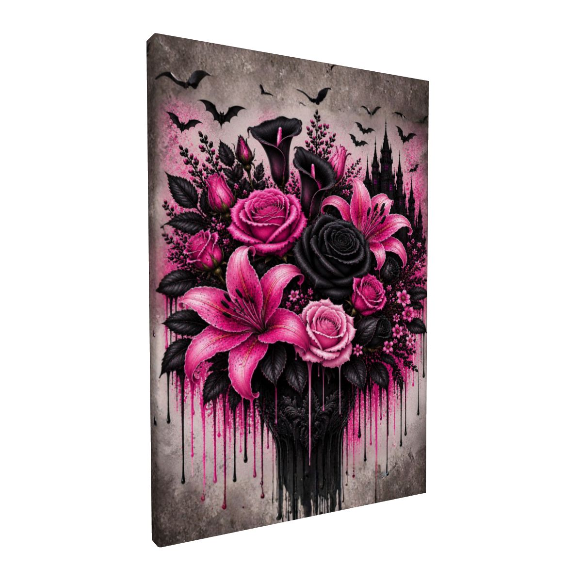 Framed Canvas Painting Pink and Black Halloween Flower Bouquet (Made in USA)