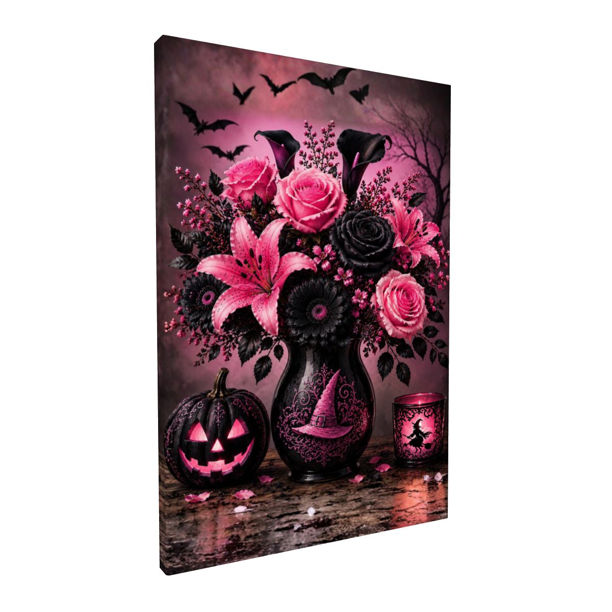 Framed Canvas Painting Halloween Pink and Black Flower Vase (Made in USA)