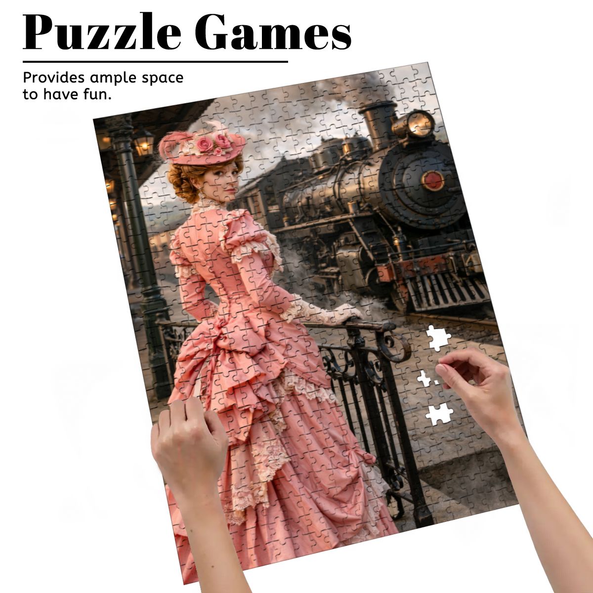 Wooden Jigsaw Puzzles 500 pcs Victorian Woman by Train 1900's Pink Dress