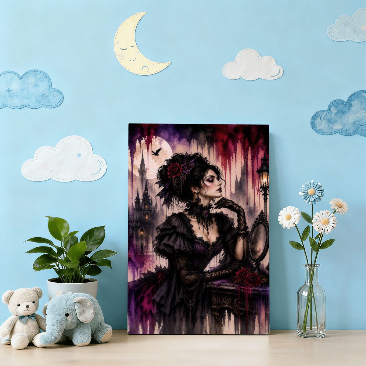 Framed Canvas Painting Halloween Gothic Victorian Woman Drip Art (Made in USA)