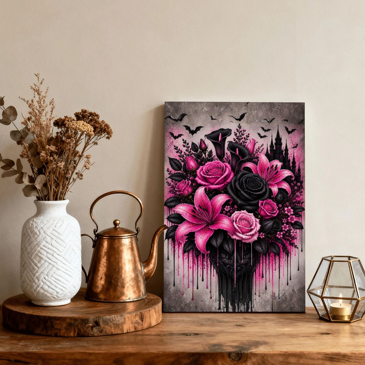 Framed Canvas Painting Pink and Black Halloween Flower Bouquet (Made in USA)