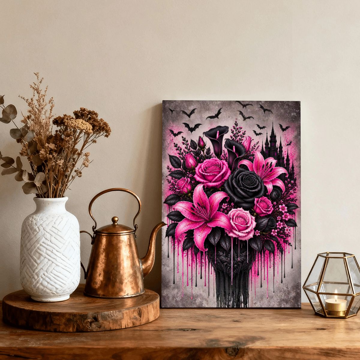 Framed Canvas Painting Pink Flower Bouquet (Made in USA)