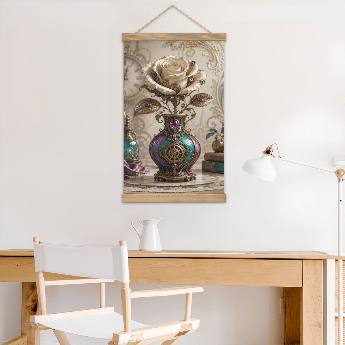 Linen Canvas Wall Art Steampunk Vase with Rose