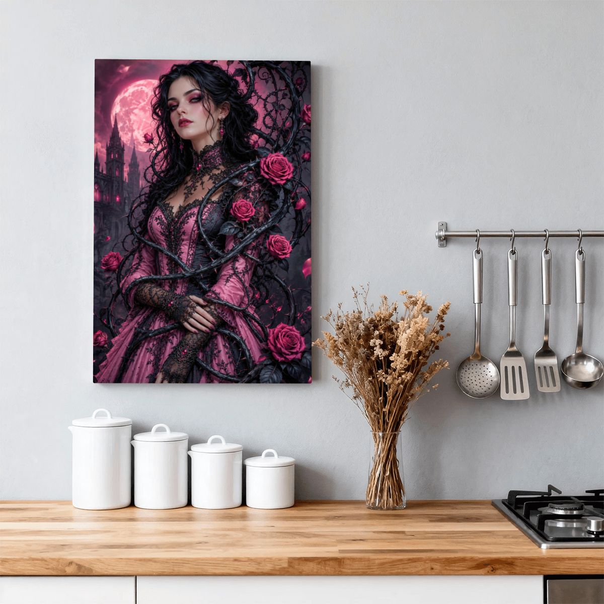 Framed Canvas Painting Gothic Pink Roses (Made in USA)