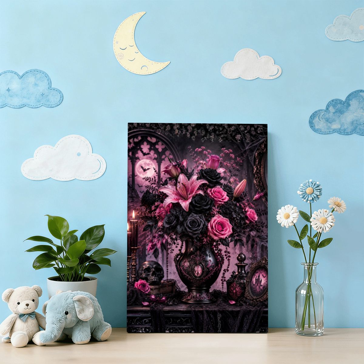 Framed Canvas Painting Halloween Pink Flower Bouquet Vase (Made in USA)