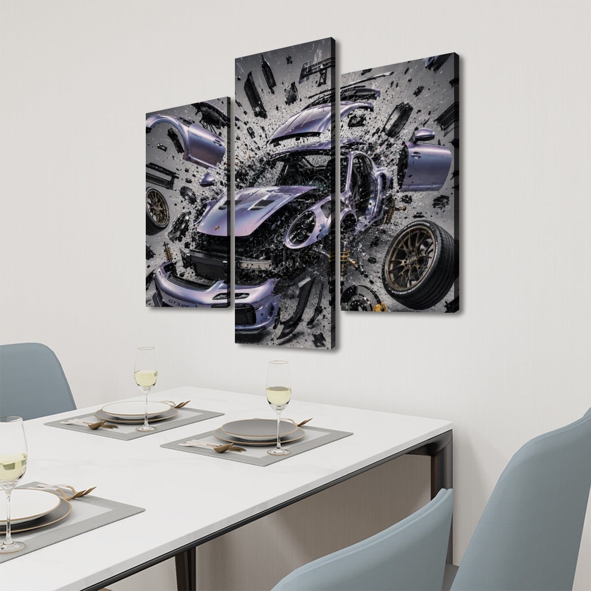 3 Panels Canvas Prints Wall Art Purple Shattered Porsche GT3 RS