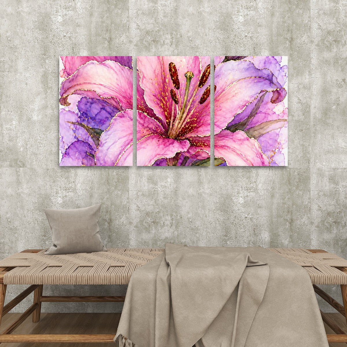 3 Panels Canvas Prints Wall Art Pink Purple Flower