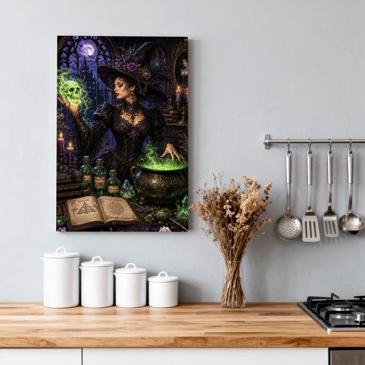Framed Canvas Painting Halloween Witch and Skull Magic (Made in USA)