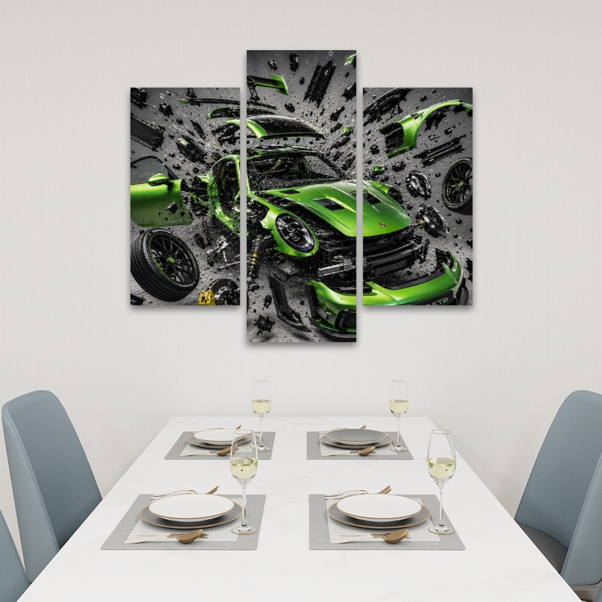 3 Panels Canvas Prints Wall Art Green Shattered Porsche GT3 RS
