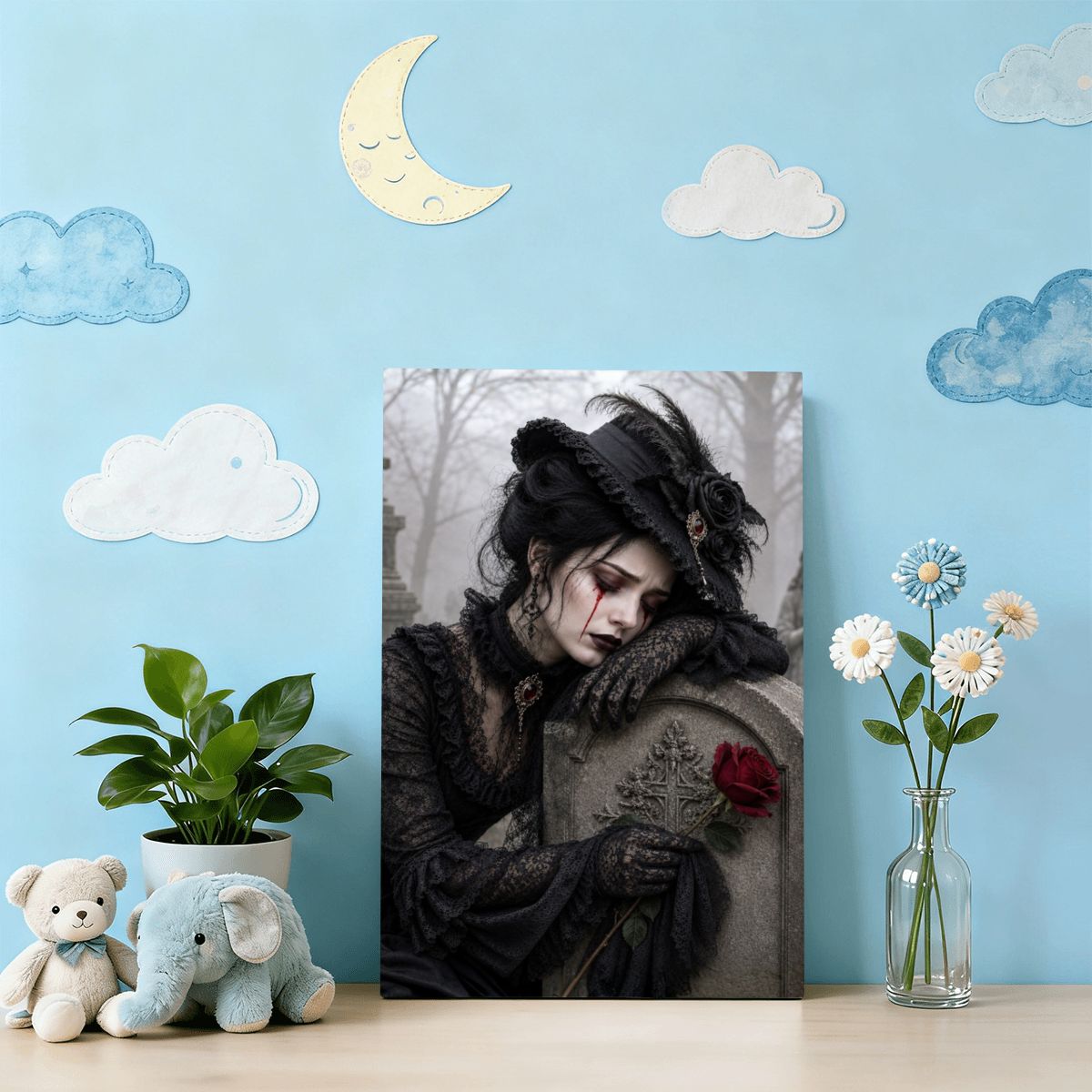 Framed Canvas Painting Halloween Victorian Woman Grave Lost Love (Made in USA)
