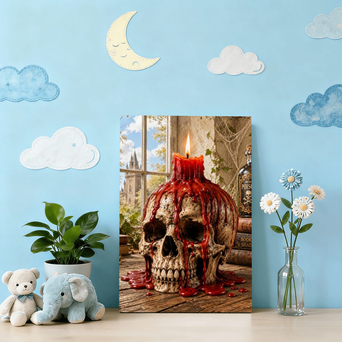 Framed Canvas Painting Halloween Skull with Candle (Made in USA)