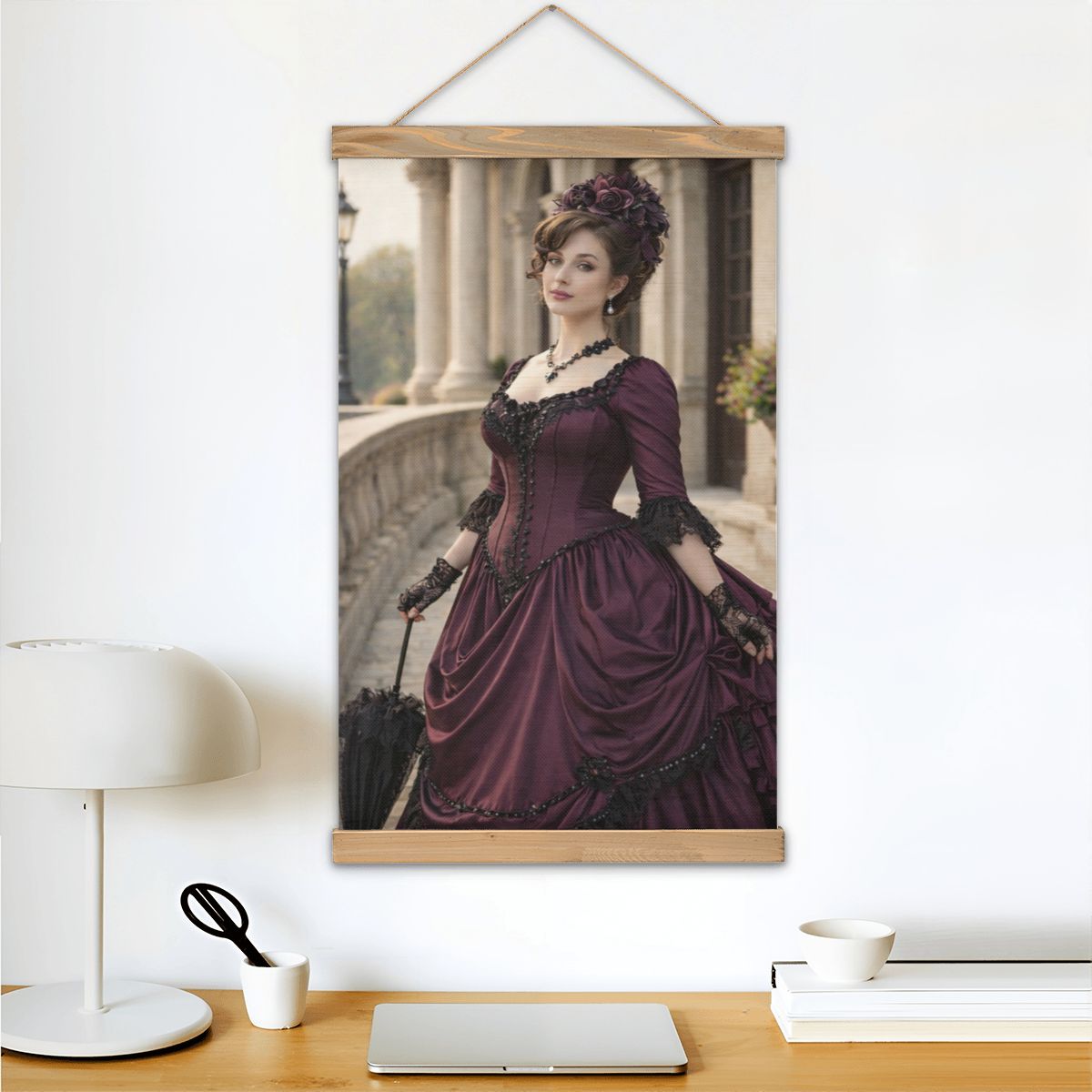 Linen Canvas Wall Art Victorian Woman Maroon Dress