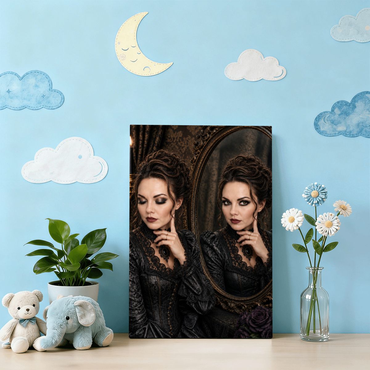 Framed Canvas Painting Halloween Gothic Woman in Mirror (Made in USA)