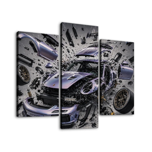 3 Panels Canvas Prints Wall Art Purple Shattered Porsche GT3 RS