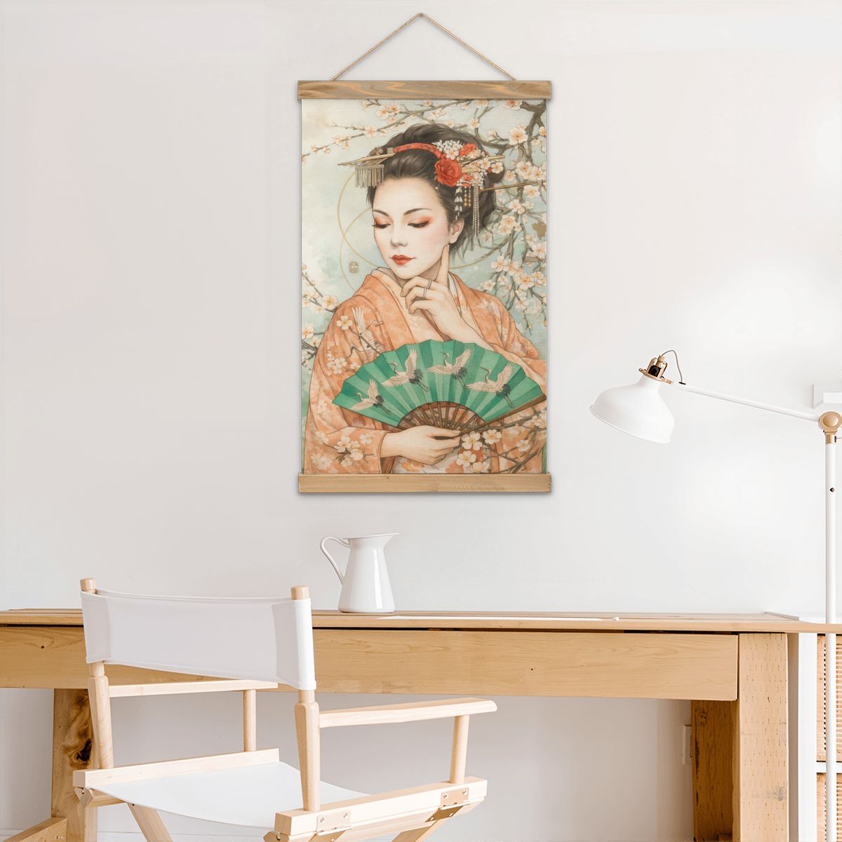 Linen Canvas Wall Art Geisha with Fan