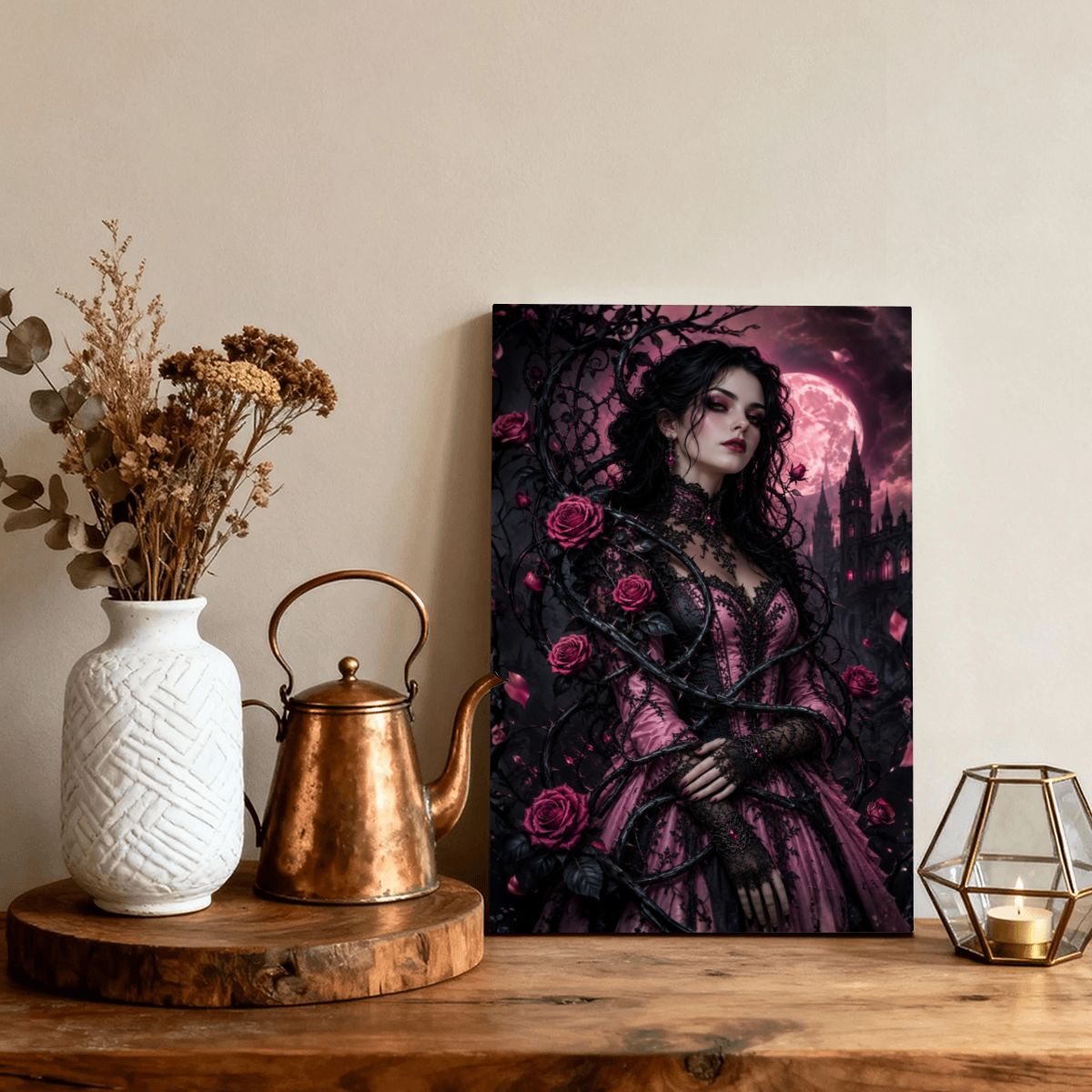 Framed Canvas Painting Halloween Gothic Woman with Vine and Pink Roses (Made in USA)