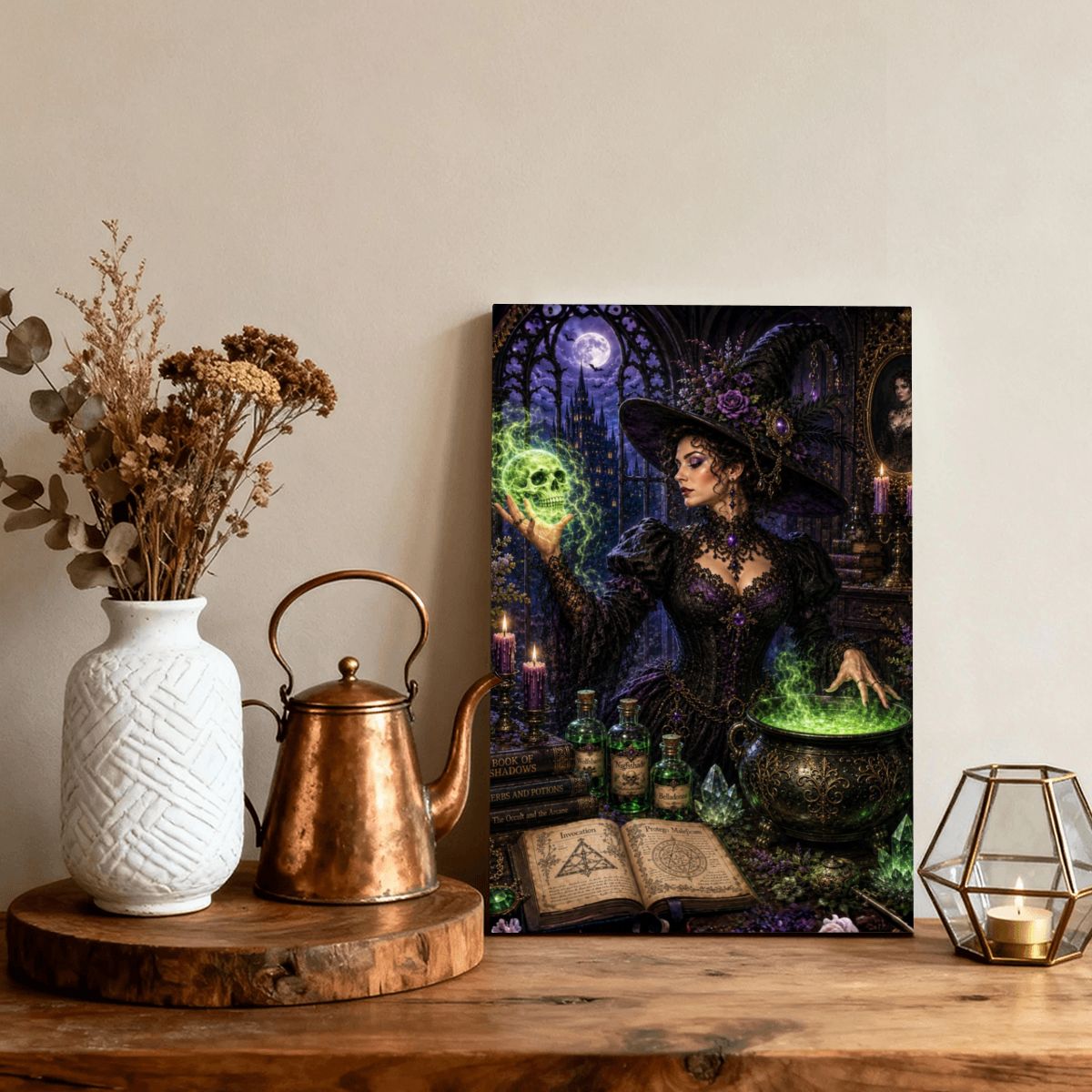Framed Canvas Painting Halloween Witch and Skull Magic (Made in USA)