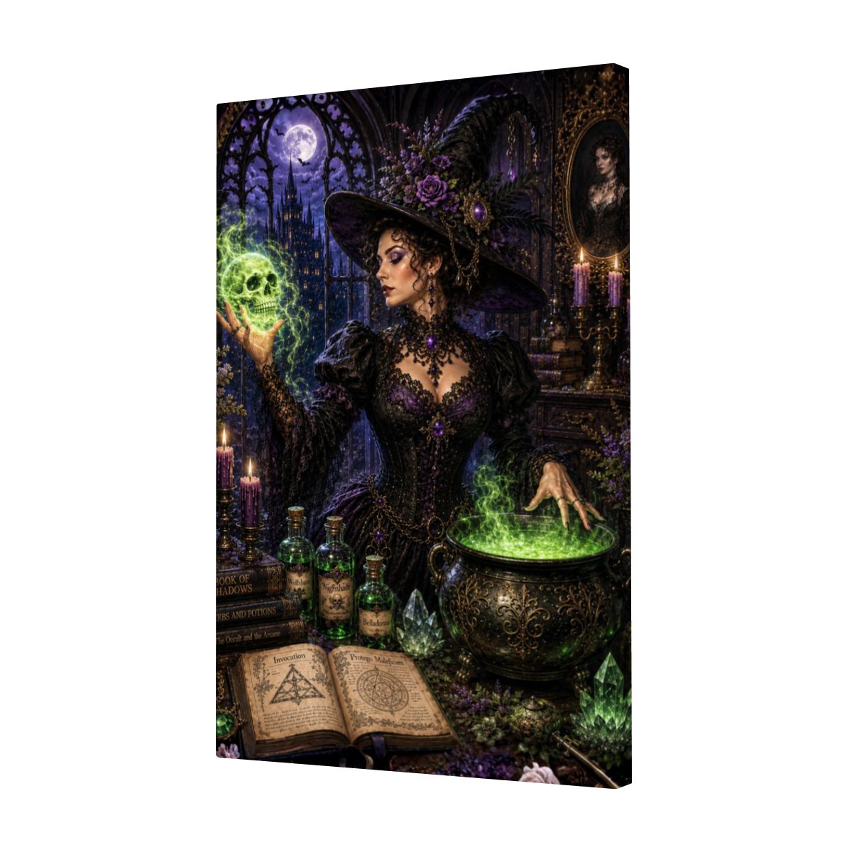 Framed Canvas Painting Halloween Witch and Skull Magic (Made in USA)