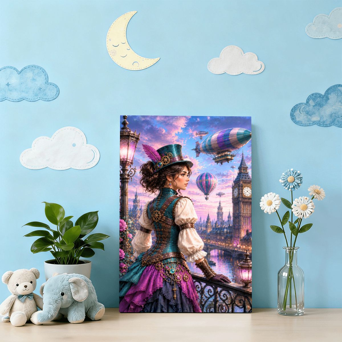 Framed Canvas Painting Steampunk Harbor (Made in USA)