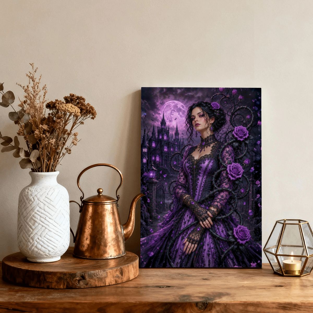 Framed Canvas Painting Gothic Purple Roses (Made in USA)