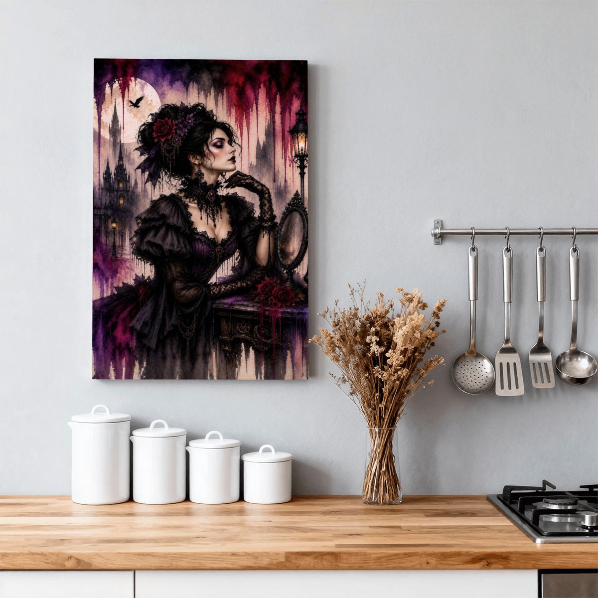 Framed Canvas Painting Halloween Gothic Victorian Woman Drip Art (Made in USA)