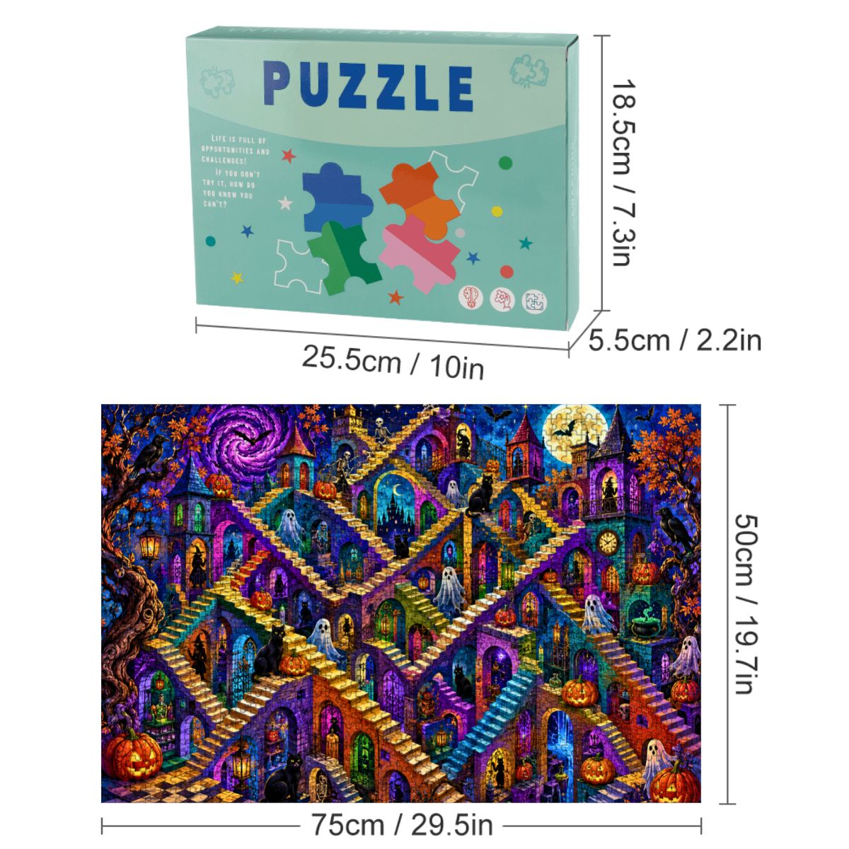 1000pcs Wooden Jigsaw Puzzles (Made in USA) Halloween Abstract Staircase